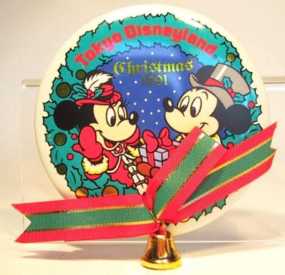Tokyo Disneyland Christmas 1991 button, with ribbon and bell