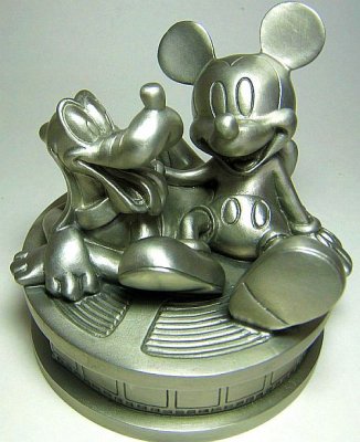 Mickey Mouse and Pluto on film can pewter figure