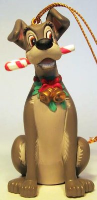 Tramp with candy cane in his mouth Disney ornament (Grolier)