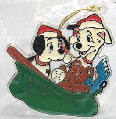 2 Dalmatian puppies in green gift sack flat ornament