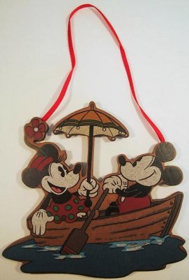 Mickey Mouse & Mouse Minnie in a boat 2-sided wooden ornament
