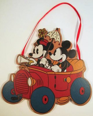 Mickey Mouse & Minnie Mouse in a car 2-sided wooden ornament