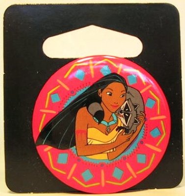 Pocahontas & Meeko button (pink border)