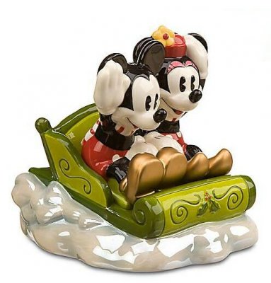 Mickey and Minnie on green sled salt and pepper shaker set