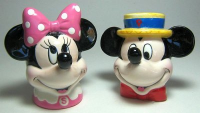 Mickey in straw hat and Minnie in pink bow salt and pepper shaker set