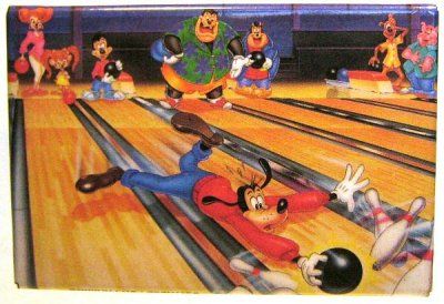 Goofy ten-pin bowling button