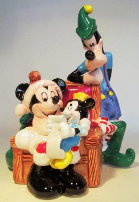 Santa Mickey Mouse, Christmas elf Goofy and Mickey's nephew Morty Disney music box